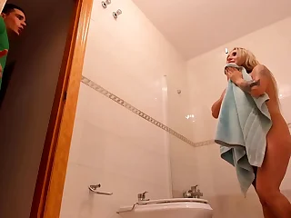 Spying on my blonde stepmom in the shower, she catches me fucking will not hear of and cumming on will not hear of face