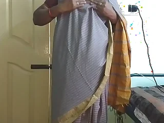 desi  indian tamil telugu kannada malayalam hindi sizzling cheating wife vanitha wearing grey colour saree  akin big boobs and shaved pussy press hard boobs press nip rubbing pussy masturbation
